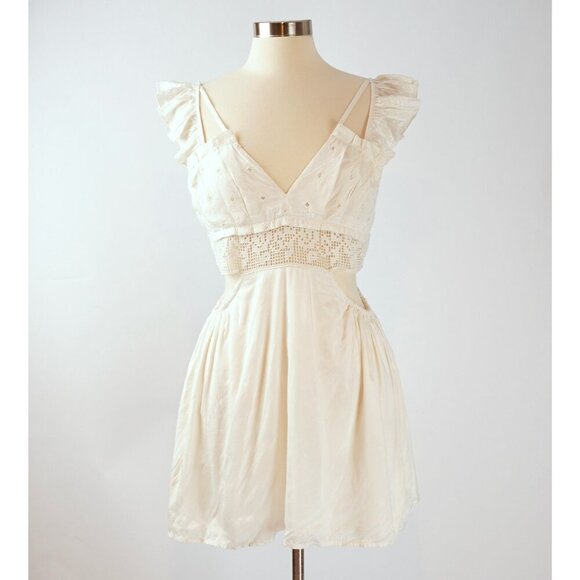 Free People Anna Twofer Lace Sheer Ruffles Crochet Overlay Mini Dress - Small - Picture 5 of 10